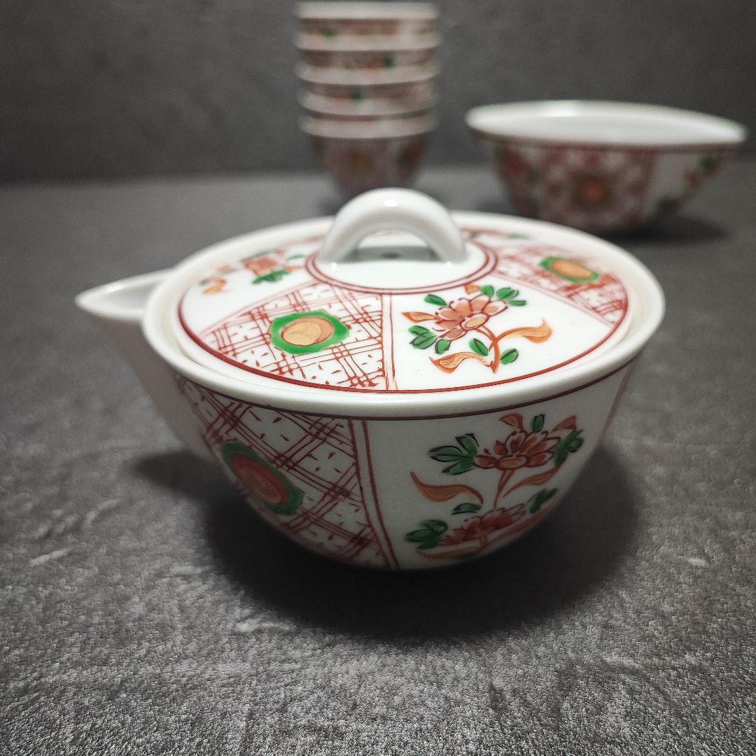 煎茶道具 有田 宝瓶 玉露 小茶器7点セット グリーン玉赤絵 金彩 仙