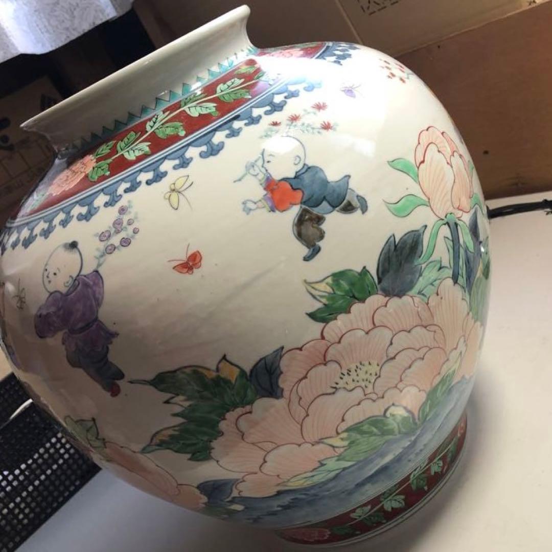 五代佐藤走波染錦唐子遊図つぼ　心和む優しい色使い　高さ約36.5cm約7.2kg