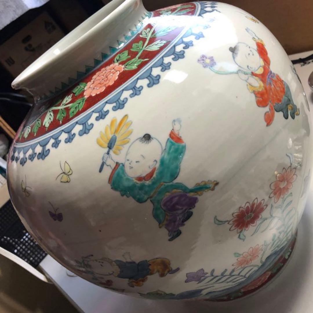 五代佐藤走波高さ約36.5cm染錦唐子遊図つぼ心和む優しい色使い約7.2kg