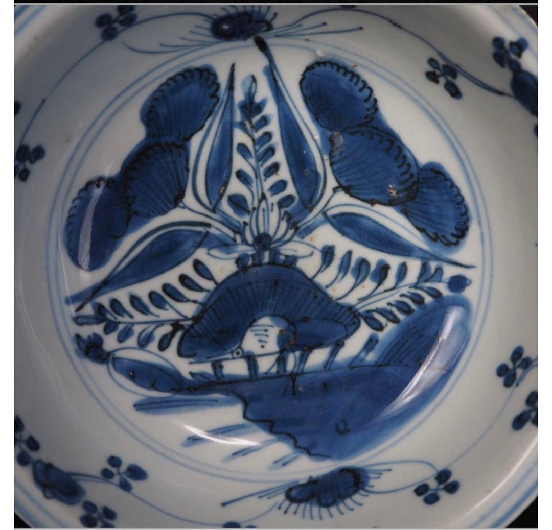 送料無料 本物保証 明時代花草文青華平碗 径15cm ④