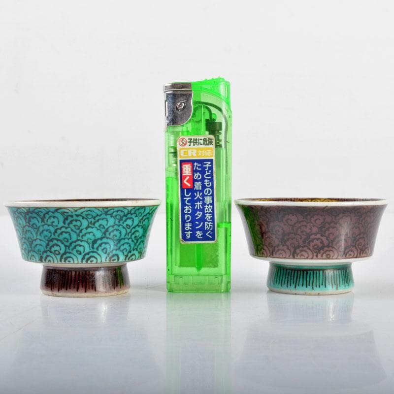 九谷焼　二代徳田八十吉造　青手　椿文　盃　一對　共箱　V　R4720