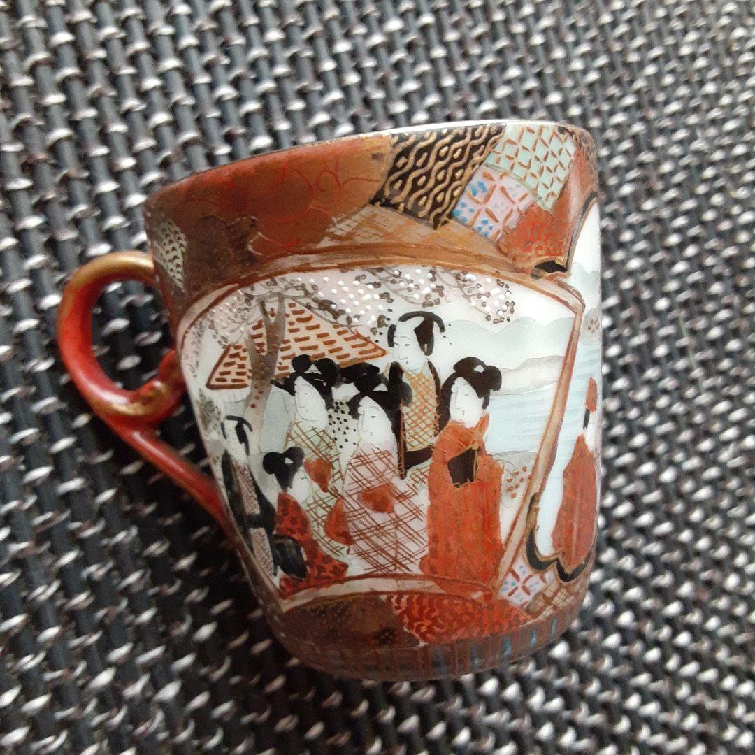 古い卵殻手エッグシェルティーカップ/芸者美人画桜肥蝶山/超絶細密画椀横浜薩摩清水