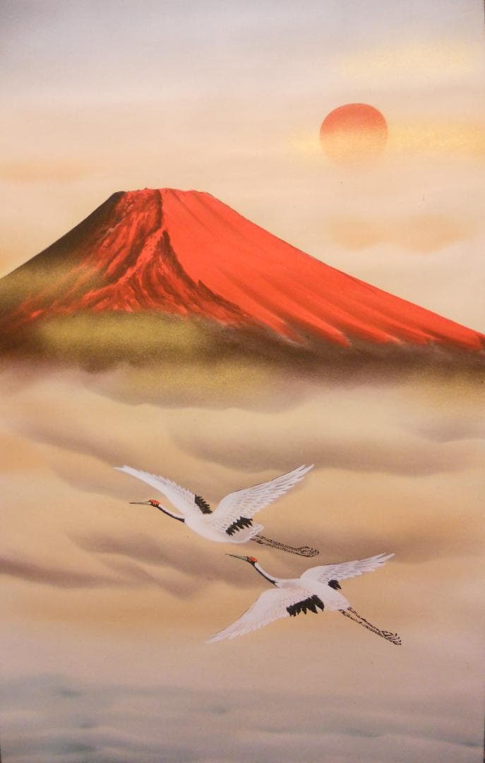 掛け軸 松橋玉昇 『 洋上赤富士 』 絹本 希少 軸装 茶道具 掛軸 美品 です