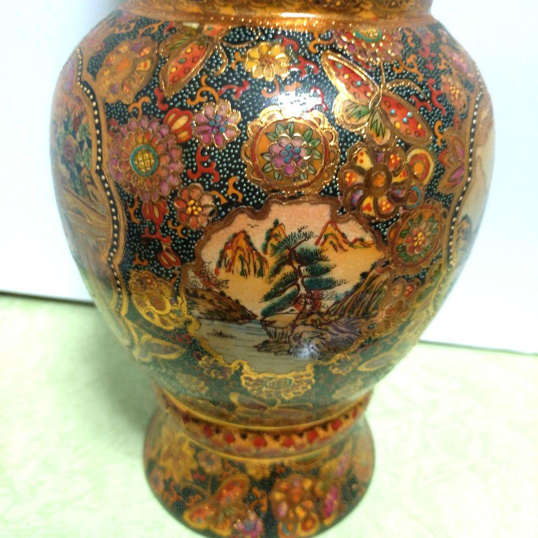 薩摩焼　武士　武将　花蝶　色彩　花瓶　壺　骨董品　豪華絢爛　高さ36cm