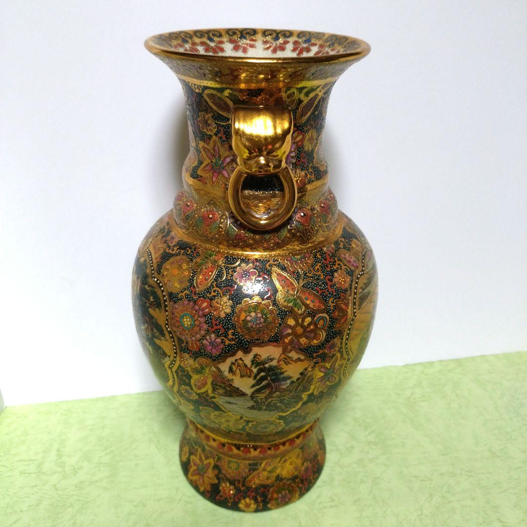 薩摩焼　武士　武将　花蝶　色彩　花瓶　壺　骨董品　豪華絢爛　高さ36cm