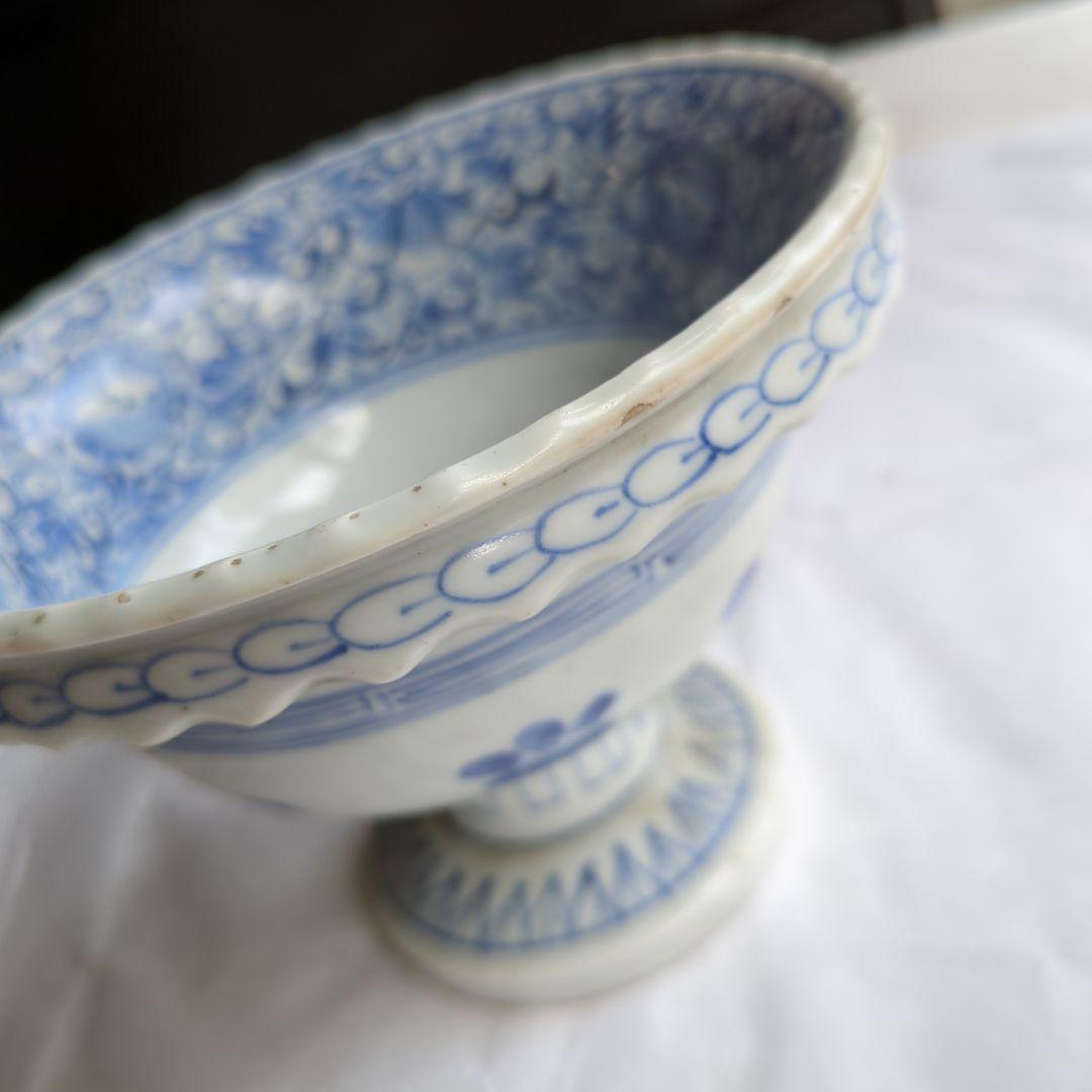 骨董 古伊万里 盃洗 線描き 染め付け 器 物入れ 花唐草 鉢 菓子器