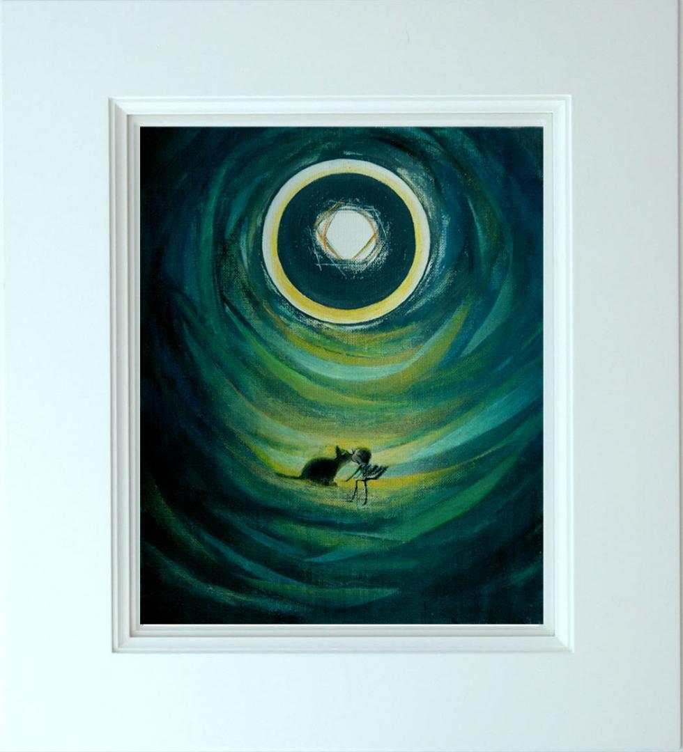 油絵 菅家令子絵 絵画インテリア額付(青緑＋金色の枠)F3-031119猫女の子