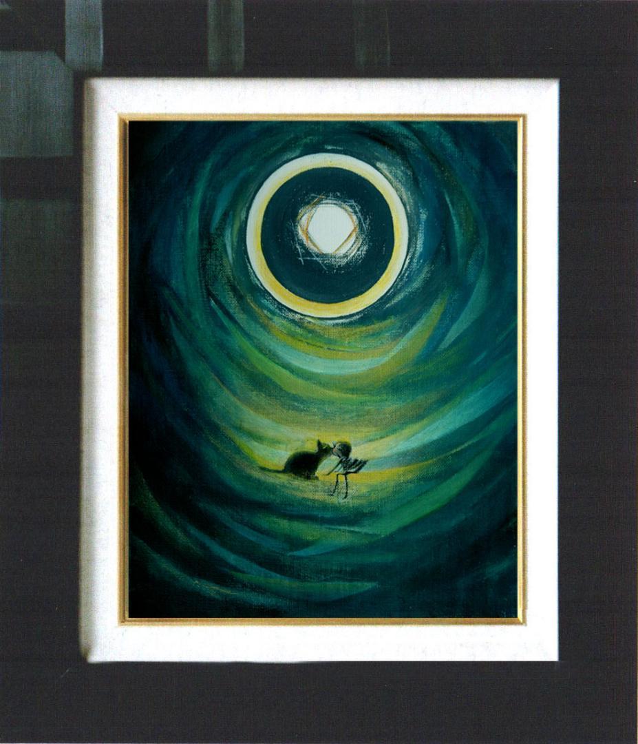 油絵 菅家令子絵 絵画インテリア額付(青緑＋金色の枠)F3-031119猫女の子