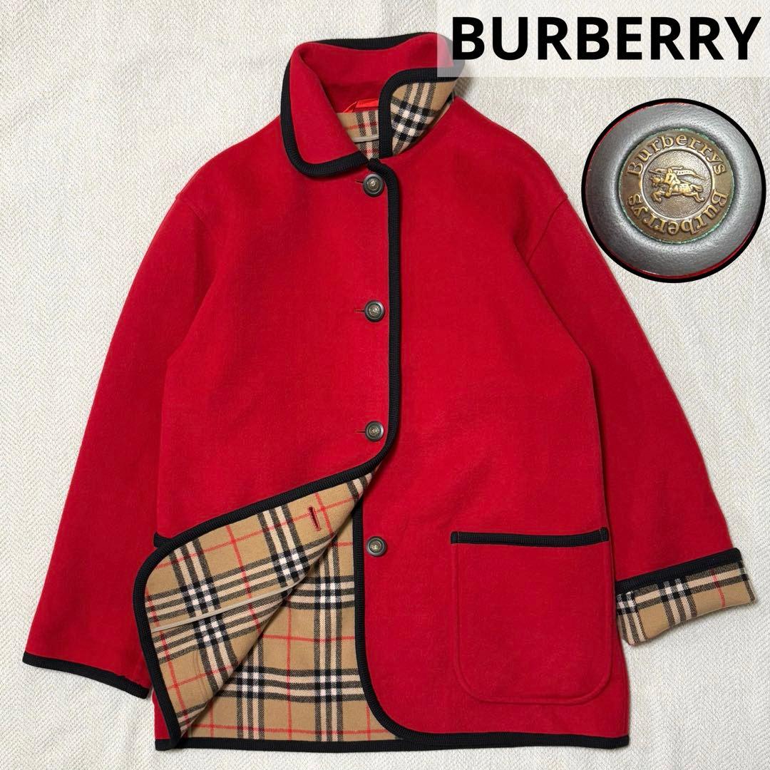 極美品 BURBERRY バーバリー カシミヤ ウール ノバチェック コート 赤