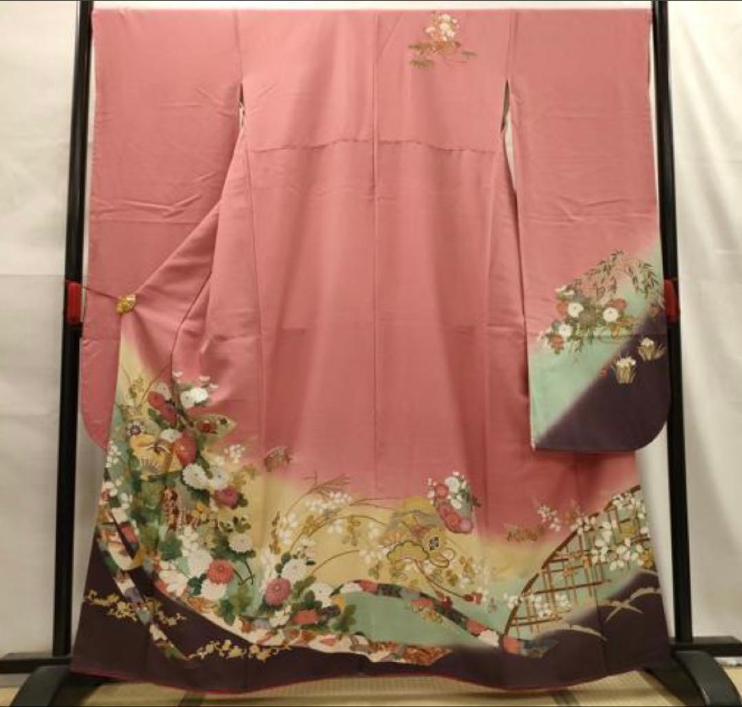 振袖フルセット6点サイズS〜M 駒刺繍 扇面鳳凰花車文 暈し染め 金彩