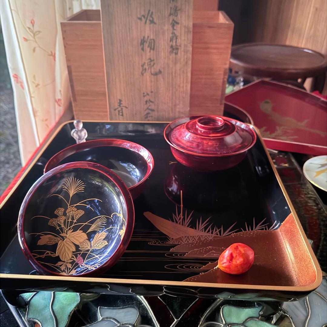 2215様感謝‼️感謝特別価格‼️超絶JAPAN蒔絵あけぼの❌黒蒔絵茶懐石吸物椀5客