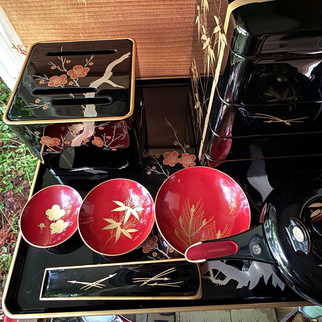 2192様感謝‼️JAPAN輪島塗お屠蘇器七つ揃い『松竹梅鶴』塗師松竹梅落款元箱入