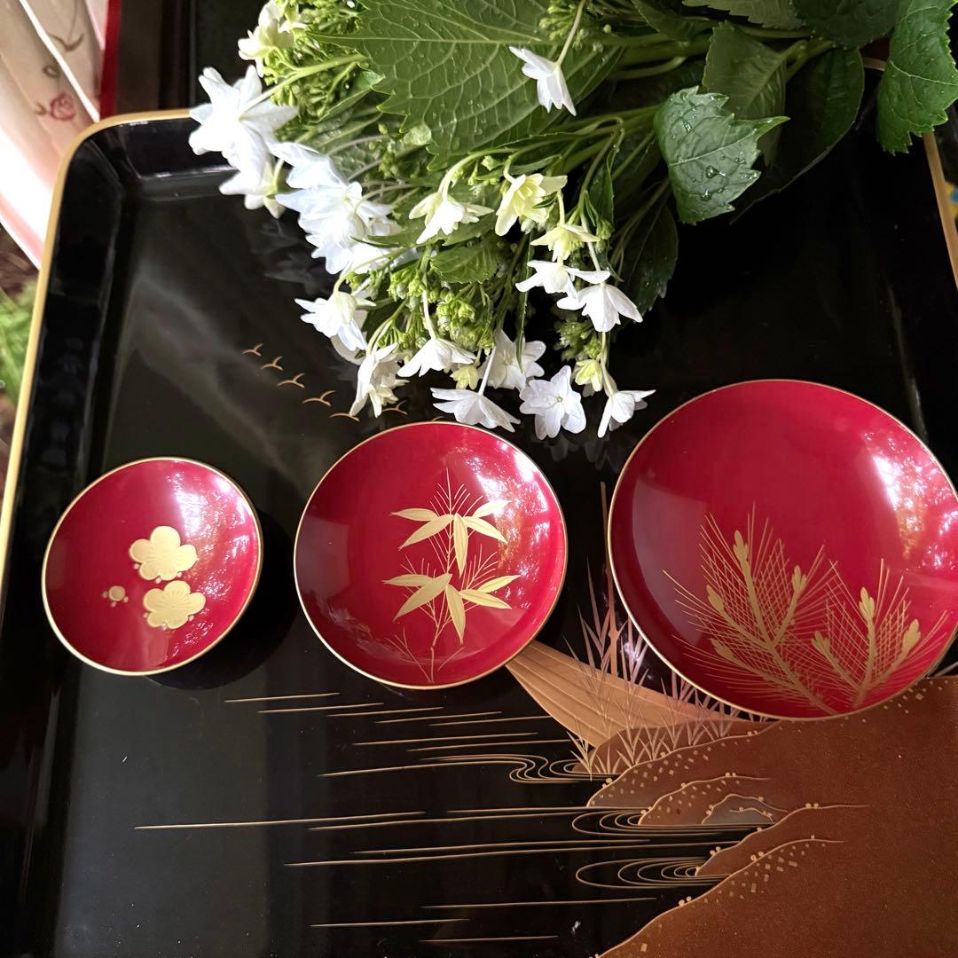 2192様感謝‼️JAPAN輪島塗お屠蘇器七つ揃い『松竹梅鶴』塗師松竹梅落款