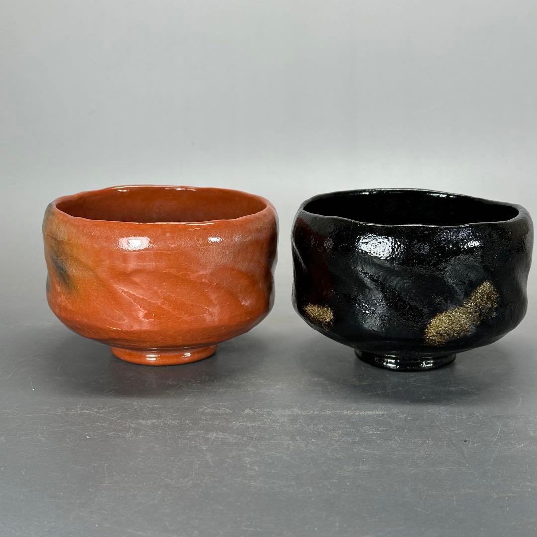 a377 送料無料 赤楽 黒楽 茶碗揃 平安 松楽造 在銘 共