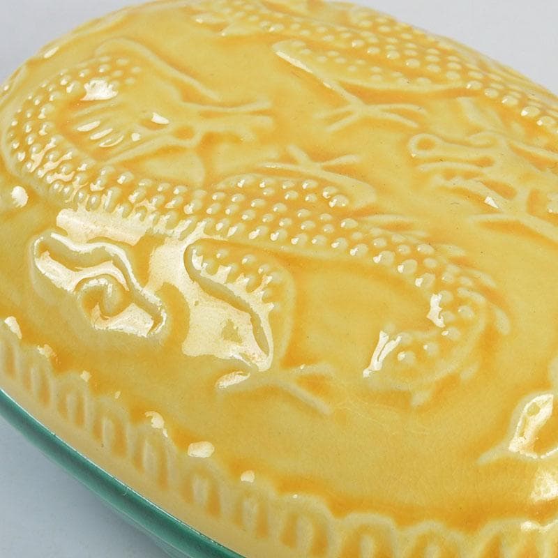 茶道具 粟田焼 岡田佳山作 黄交趾小判龍 香合 共箱 V 9523