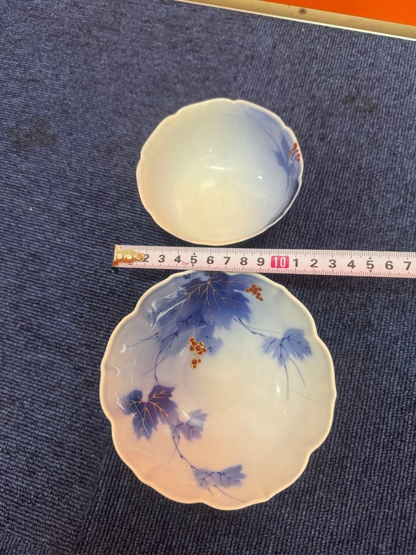 1707 深川製磁 染付葡萄絵 花型鉢 3客