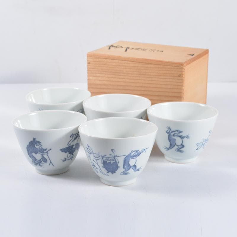 京焼 清水焼 平安吉兆 高山寺 鳥獣戯画倣 汲出 茶碗 五客 共箱