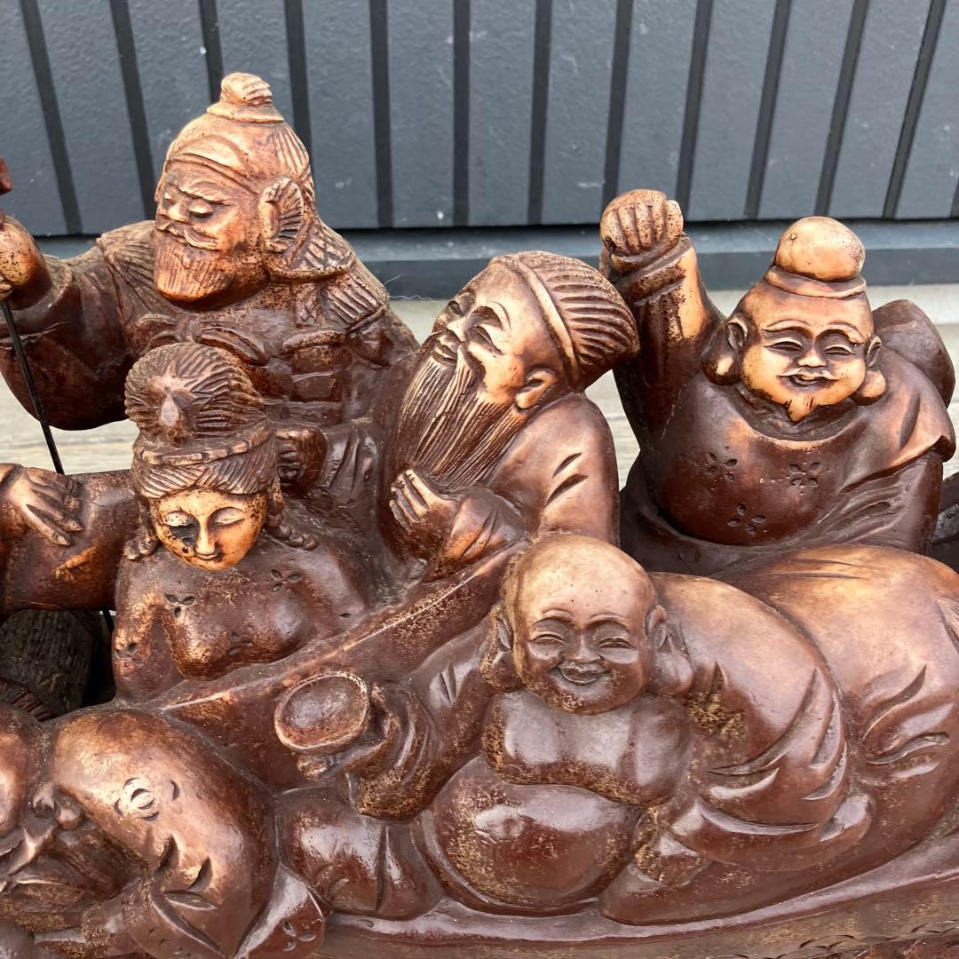 昭和レトロ 精密彫刻 大型 七福神 龍の船 宝船 縁起物 開運 置物