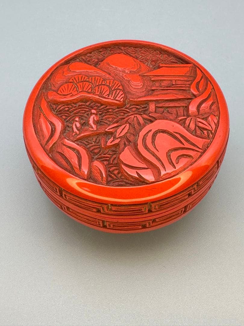 中国剔紅堆朱山水文四方香合合わせ箱MR7056