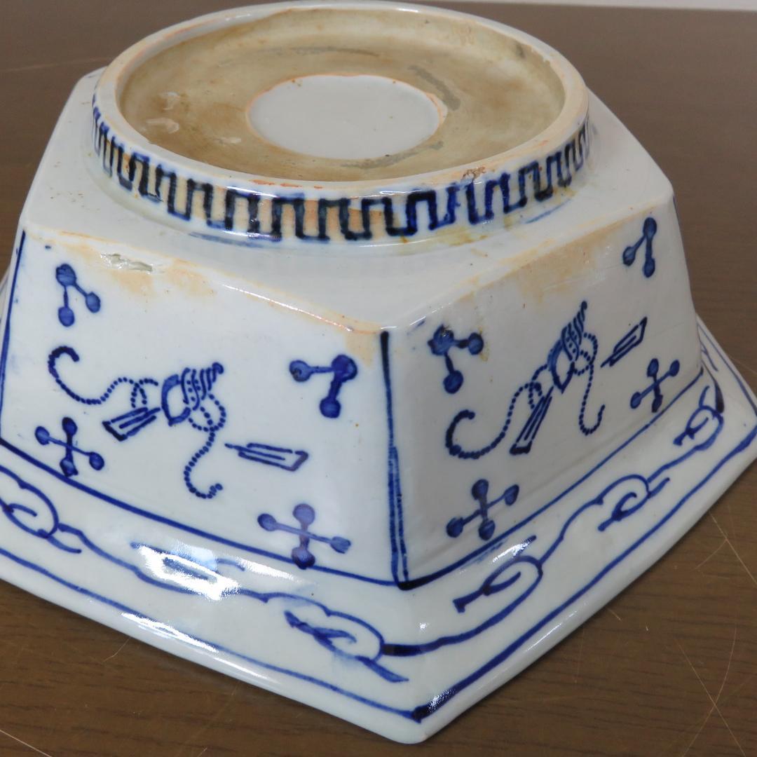 角鉢 丼 染付 古伊万里 蛇の目 帆掛け船 扇窓 印判