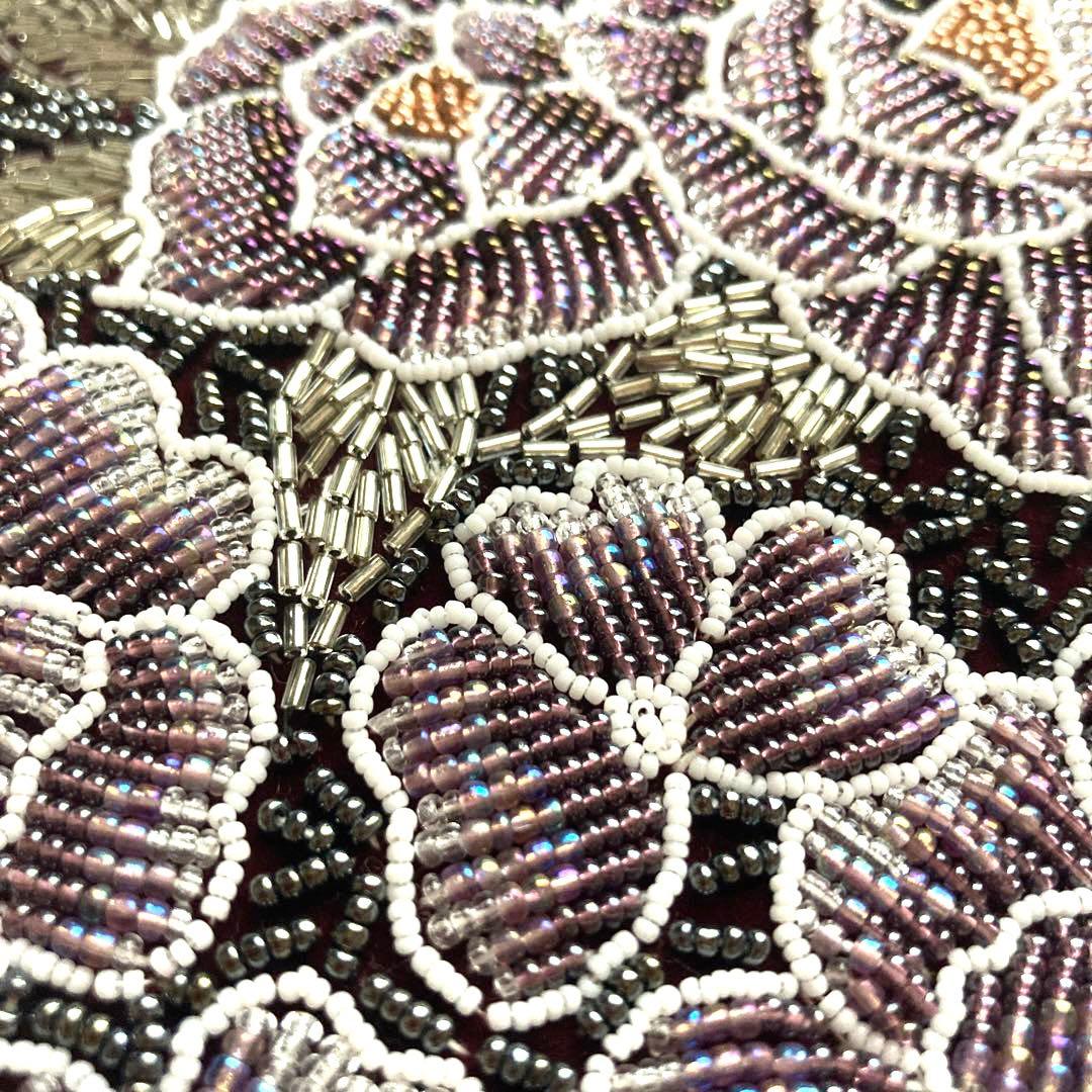 着物　ビーズバッグ　紫・花柄・椿カメリア・お稽古、観劇