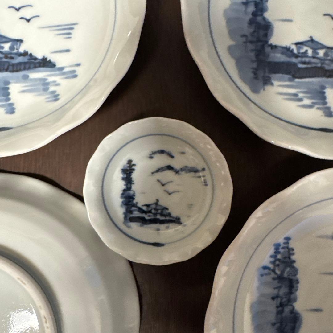 橘吉 青い風景画の陶器皿5個 セット 箱付き