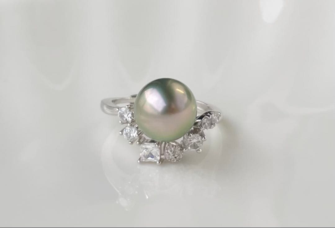 黒蝶真珠 タヒチ 南洋パール 月冠 リング 指輪 s925 ラウンド