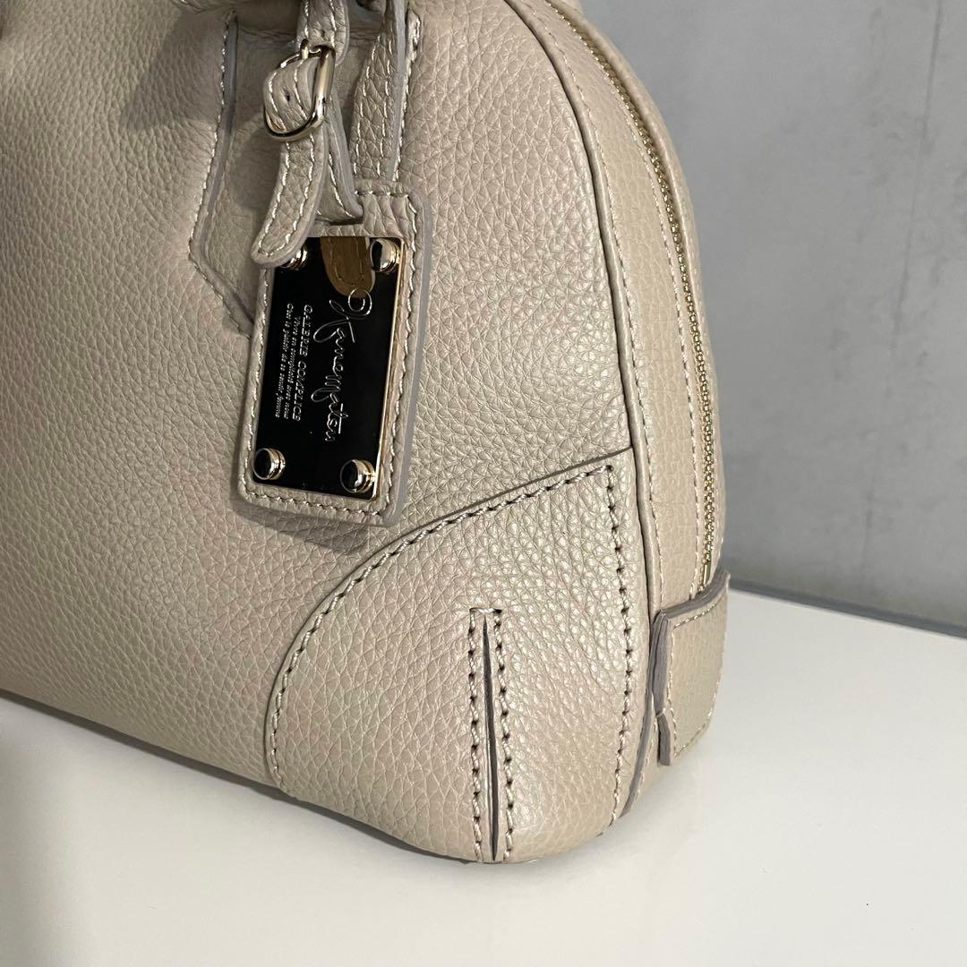 極美品✨銀座カネマツ　ハンドバッグ　シボ革　グレージュ　ラウンドジップ