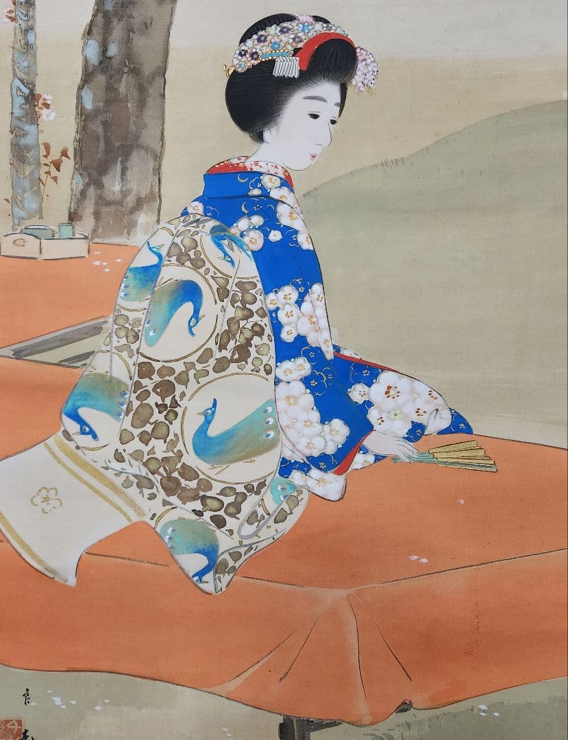 【桜下舞妓花見図】大江良起 736 掛け軸 肉筆