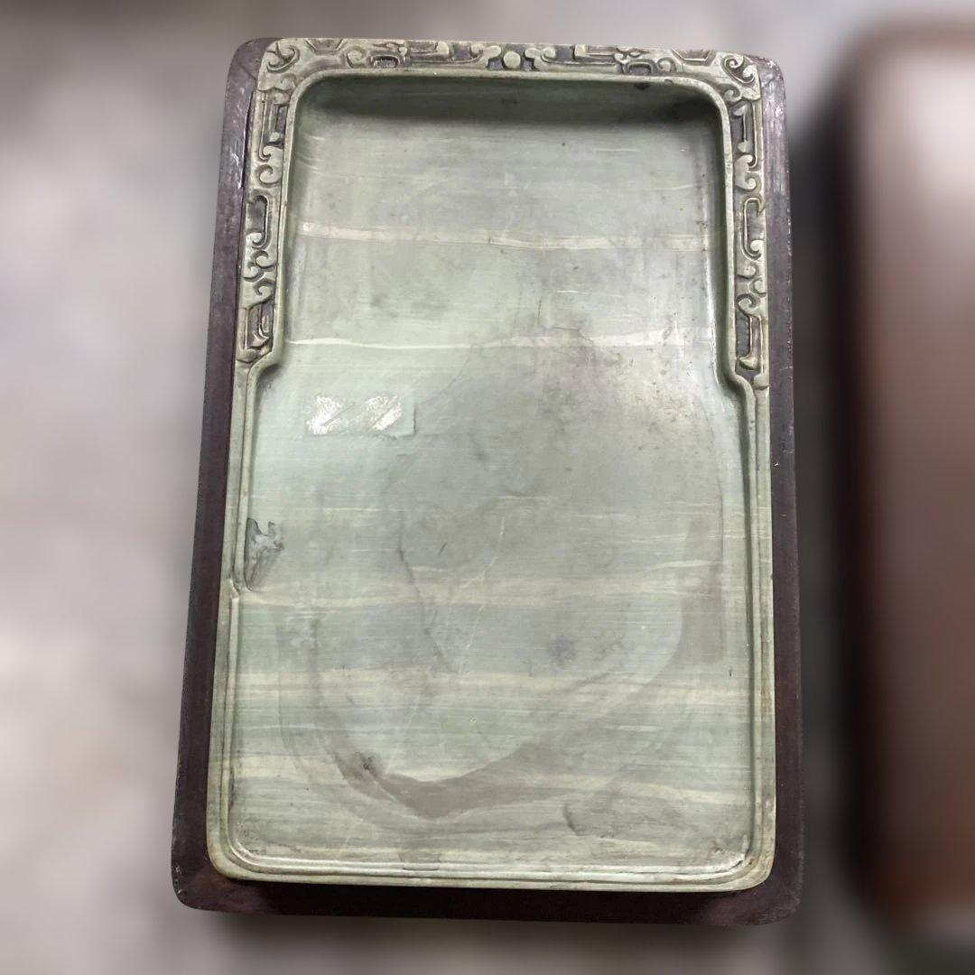 緑硯　中国硯　彫刻　古美術　唐木ケース