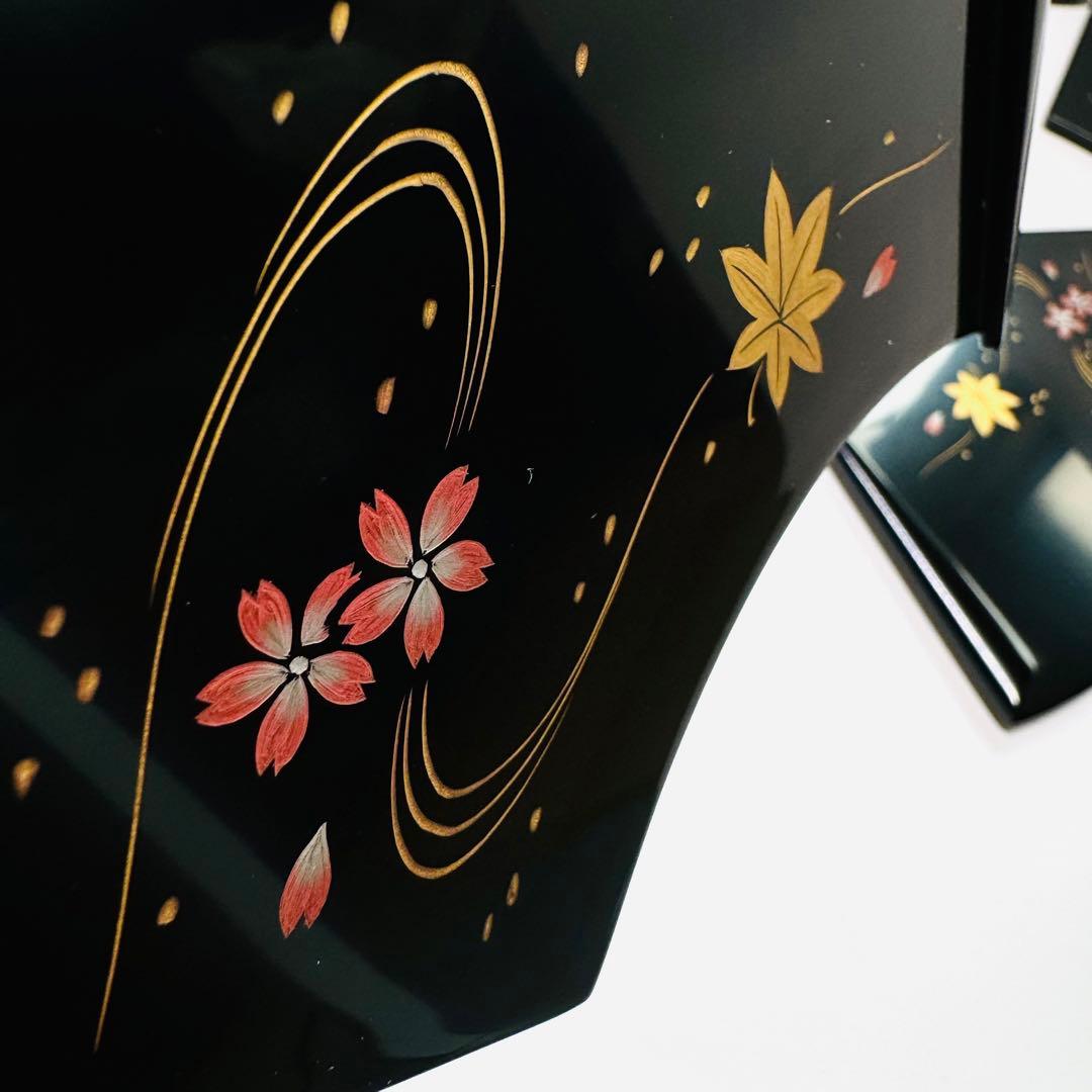 未使用　輪島塗　漆器　茶平一斉　茶道具　桜に川　紅葉模様　銘々皿　5客　共箱