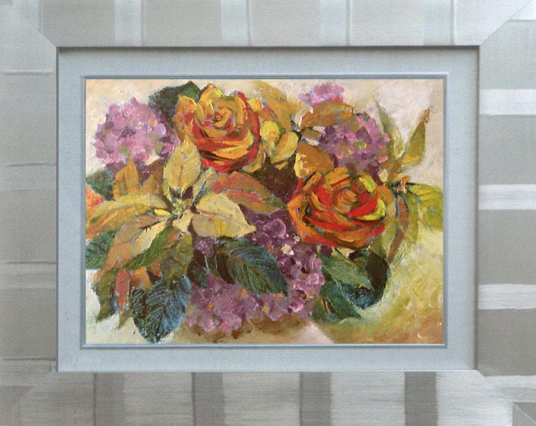 油絵 菅家令子 絵 絵画インテリア額付(青緑＋金色の枠) uF6-110202花