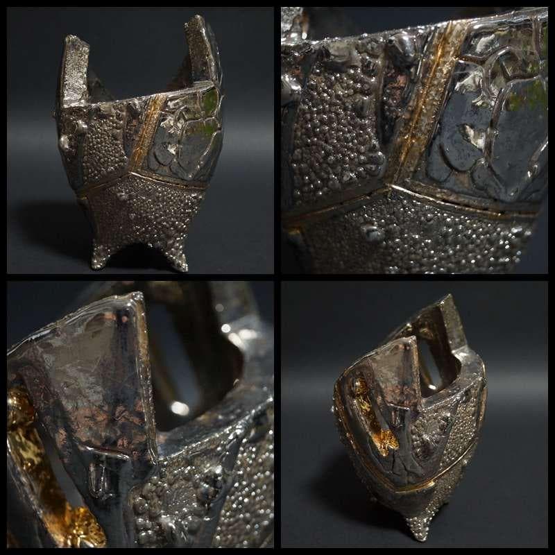 現代陶芸家 市川透造 造形香炉 金プラチナ使用 共箱 共布備前 (師/隠崎