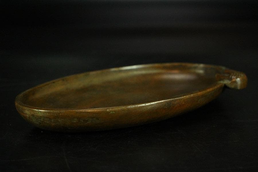 銅 鶴 楕円形 皿 11.5cmx7cm 在銘 文房四宝(K-YC355)