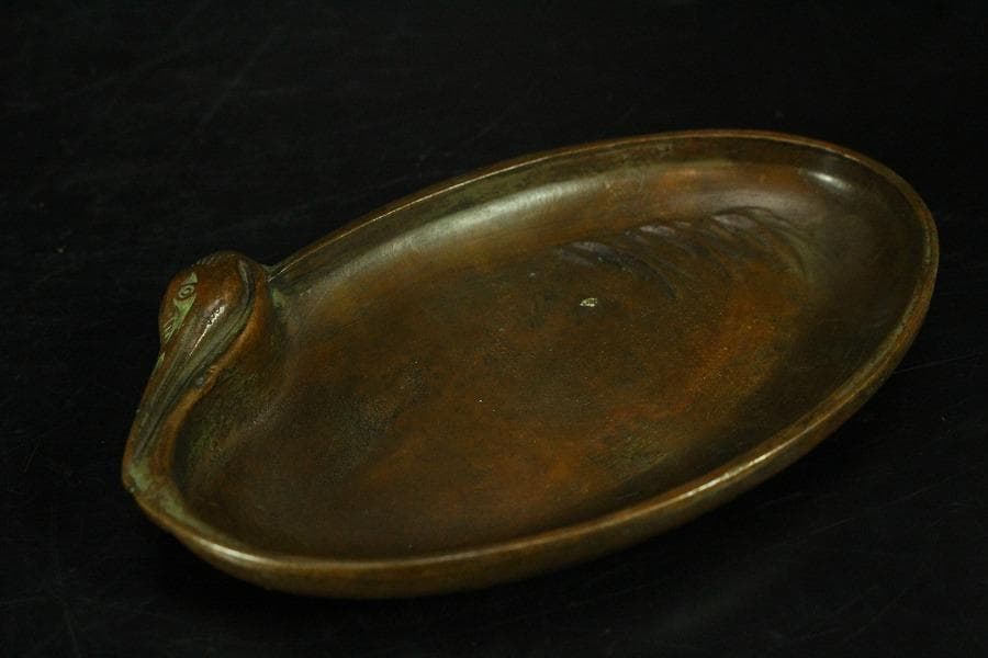 銅 鶴 楕円形 皿 11.5cmx7cm 在銘 文房四宝(K-YC355)