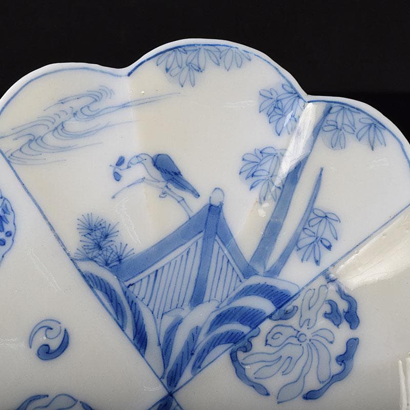 瀬戸焼 松籟園製 染付 花鳥文 扇面皿 V R9526