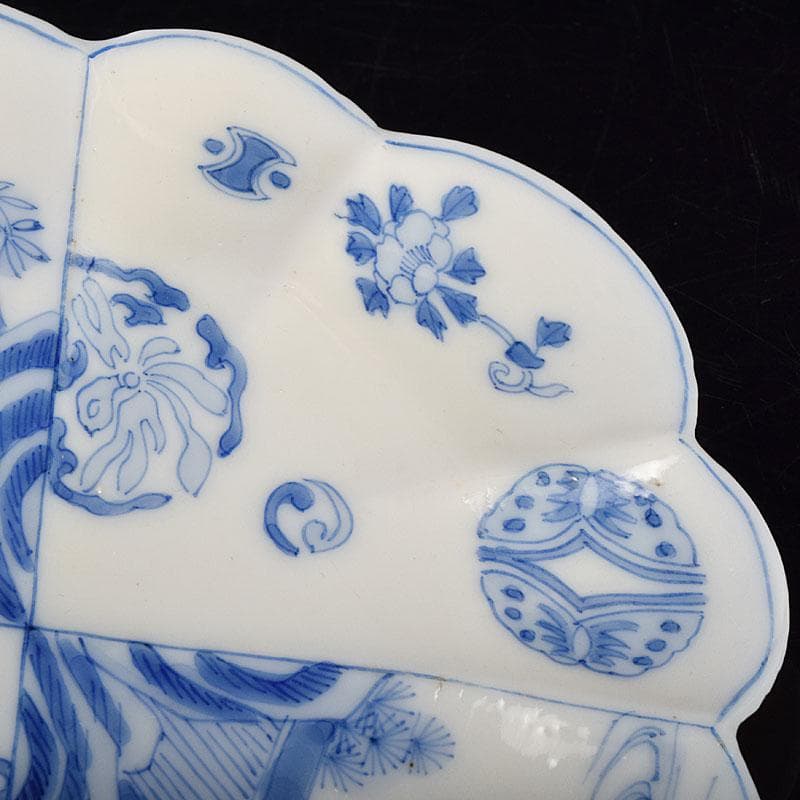 瀬戸焼 松籟園製 染付 花鳥文 扇面皿 V R9526