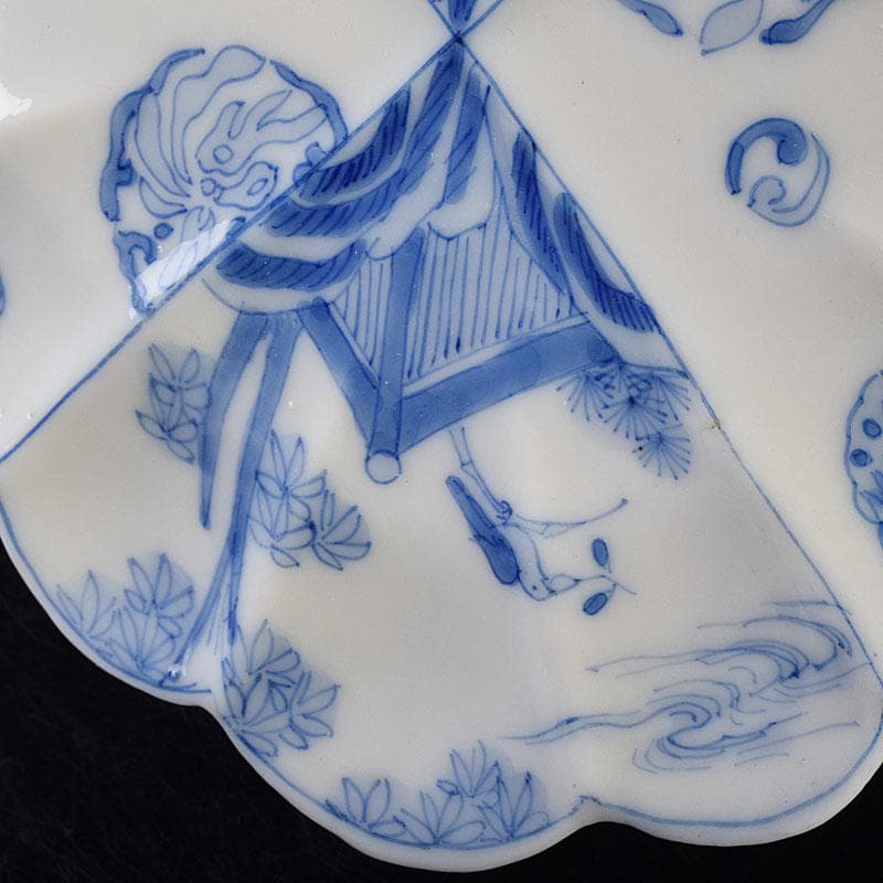 瀬戸焼 松籟園製 染付 花鳥文 扇面皿 V R9526