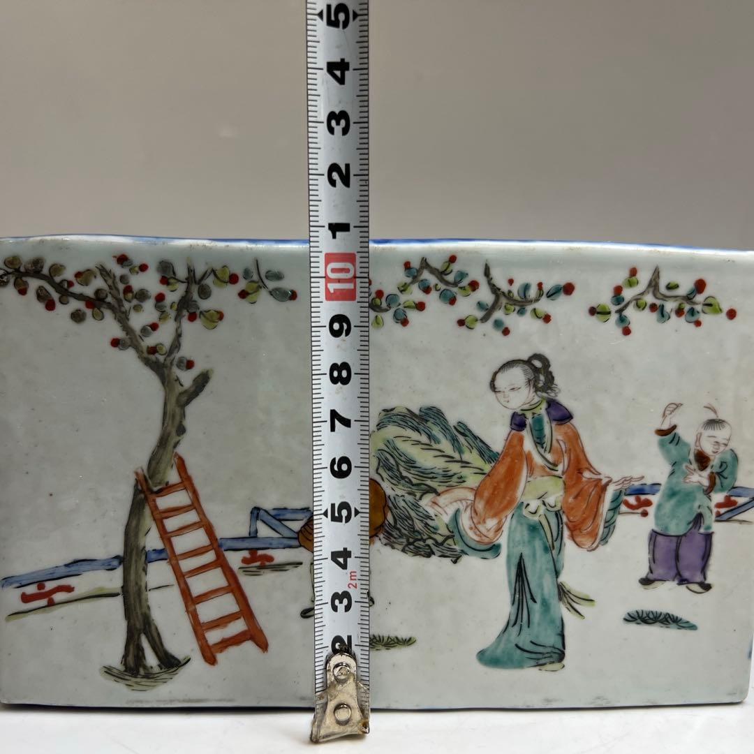 中国清時代 新渡粉彩 陶枕 幅18㎝ 東な7-1221☆