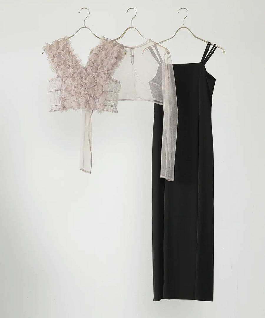 【にこ】チュール ボリューム フリル ベスト シアー トップス ワンピース