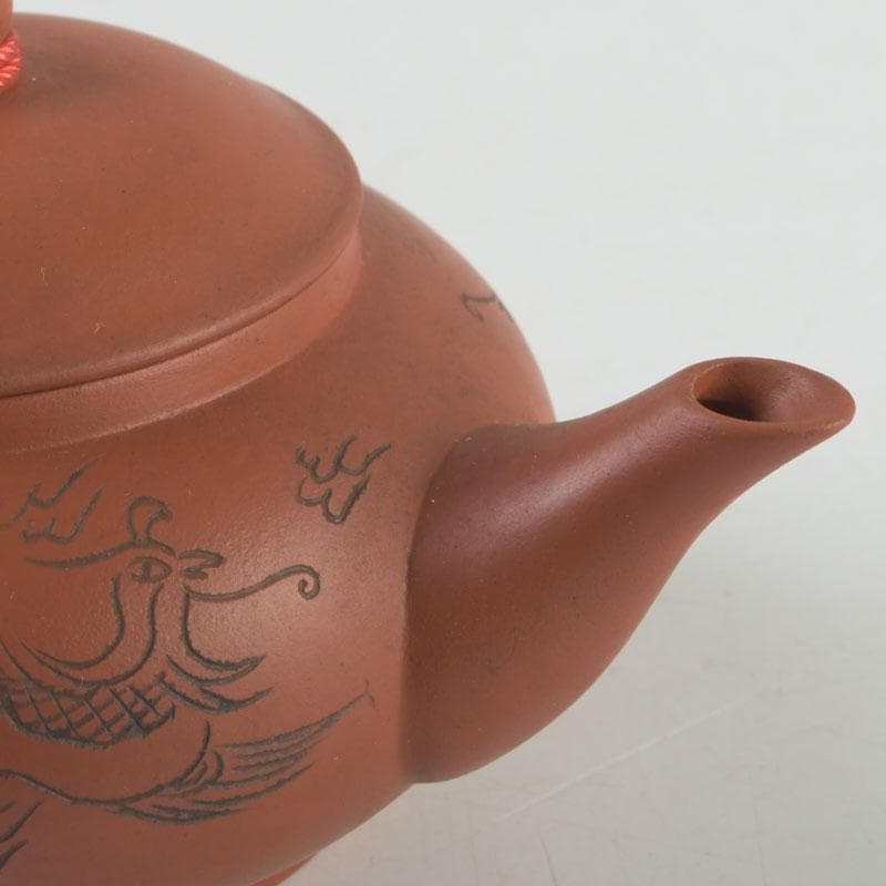 中国 紫砂 朱泥 雲龍鳳凰刻 急須 茶壷 在銘 N 9442