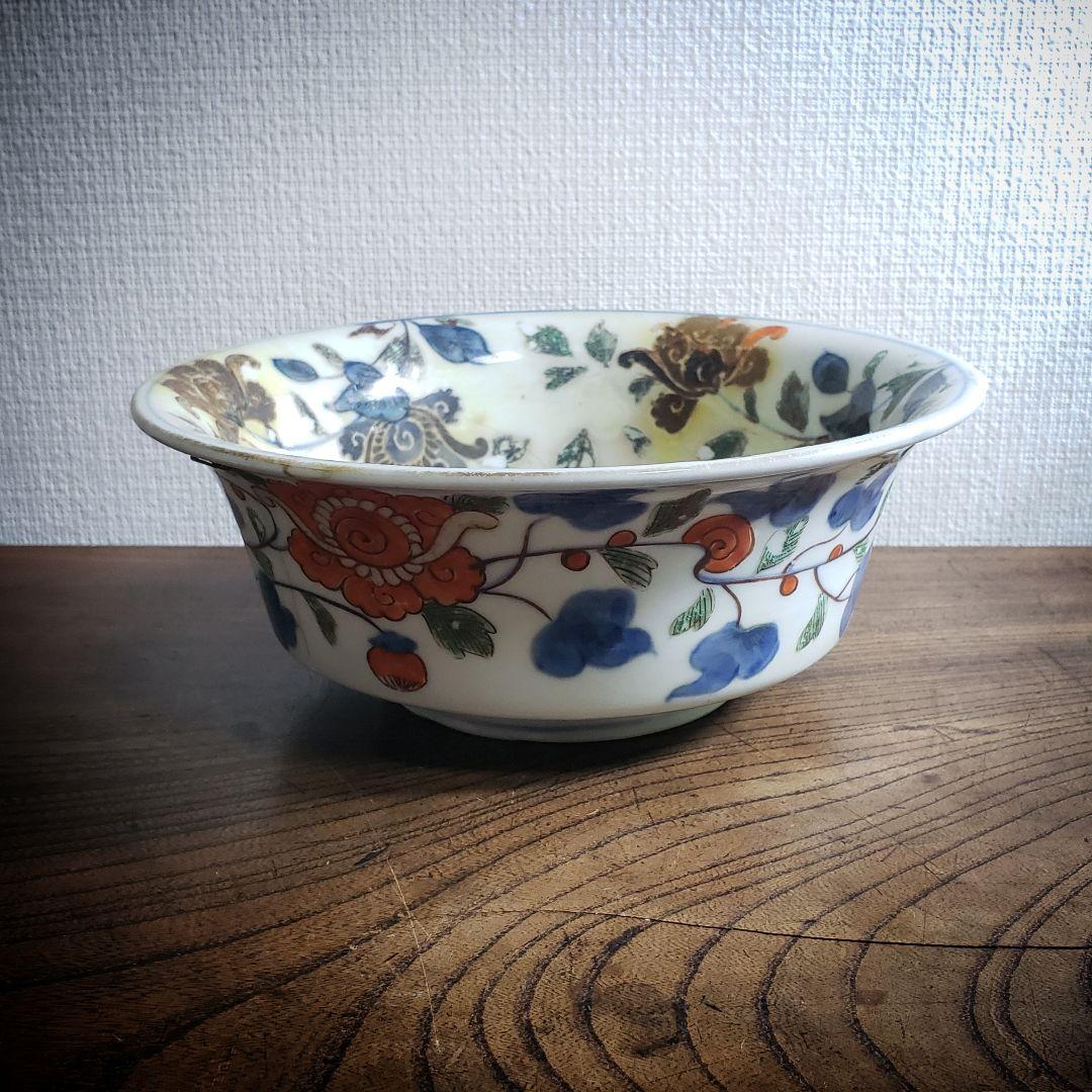 鉢　龍　中国骨董　直し　鎹　草花文様　富貴長春　色絵付け　直しあり