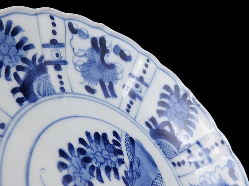 平戸 伊万里 染付 芙蓉手 隠れ蓑に花の図 6寸皿 2枚 E179AS-CSh