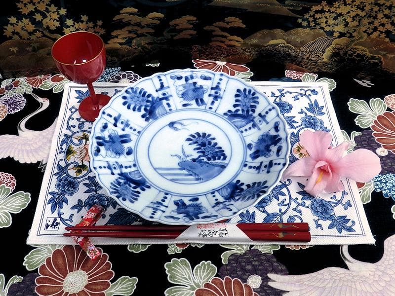 平戸 伊万里 染付 芙蓉手 隠れ蓑に花の図 6寸皿 2枚 E179AS-CSh