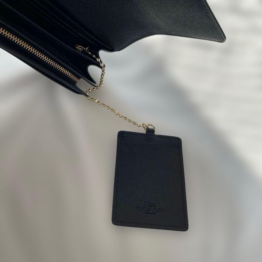 コーチ　財布　長財布　レザー　ブラック　パスケース付き