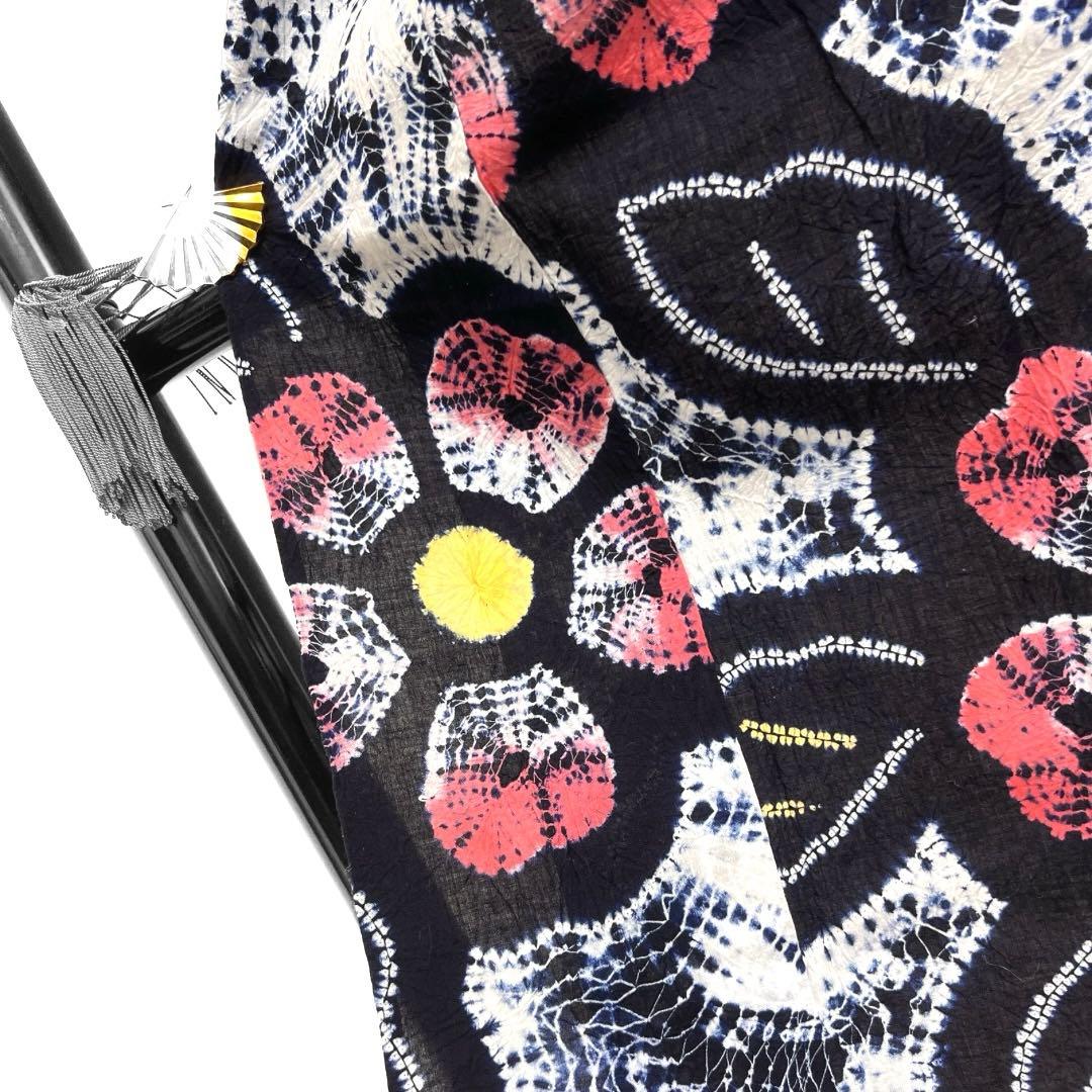 浴衣　有松鳴海絞り　花模様　リーフ 板締め　藍染　着物　063a d