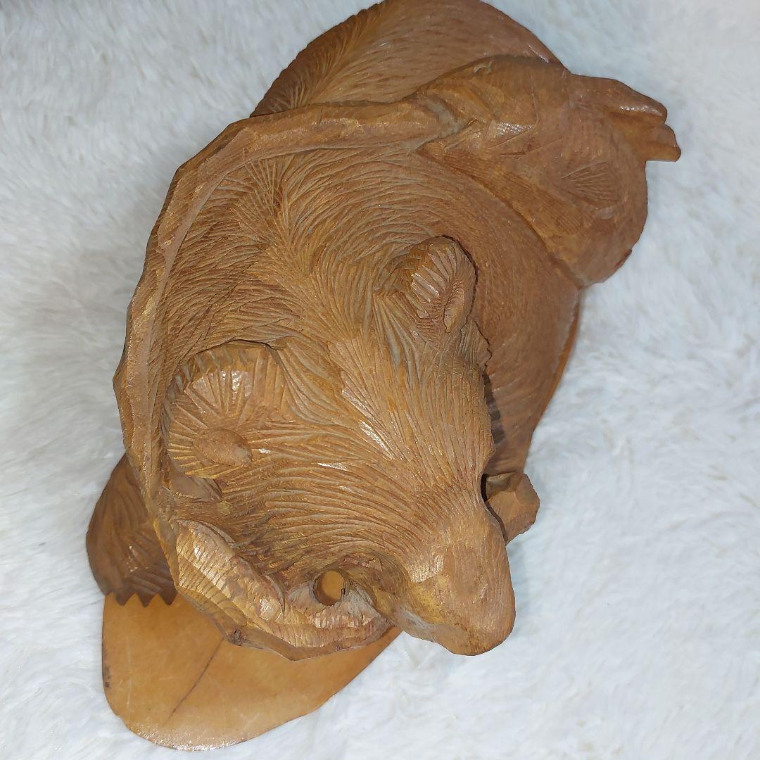 希少】70年代 鮭背負い熊 釣竿くわえ 木彫りの熊 一刀彫 アイヌ民芸 北海道