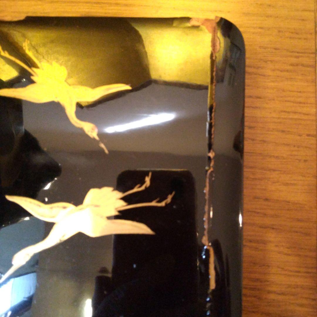 昭和レトロアンティーク黒漆塗り木製4段重箱 松と鶴の蒔絵デザイン