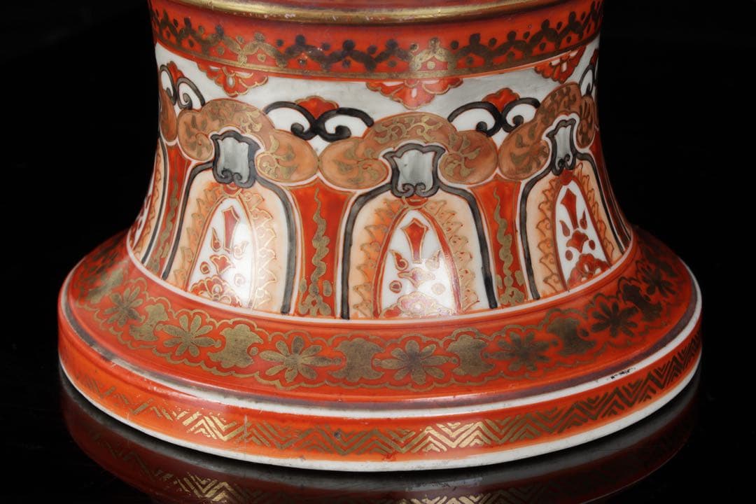 九谷焼 大日本九谷造】金襴手赤絵金彩 龍双耳飾壺 花瓶 人物