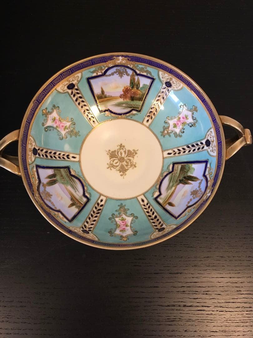 オールドノリタケ金盛上げ河畔風景紋図両耳飾り大鉢